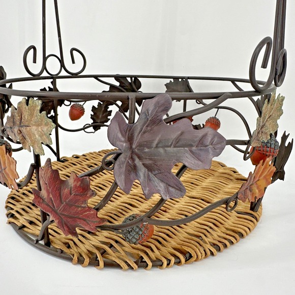 Fall Harvest Metal & Rattan Basket with Handle Autumn Decor Leaf‎ Acorn - Picture 9 of 9